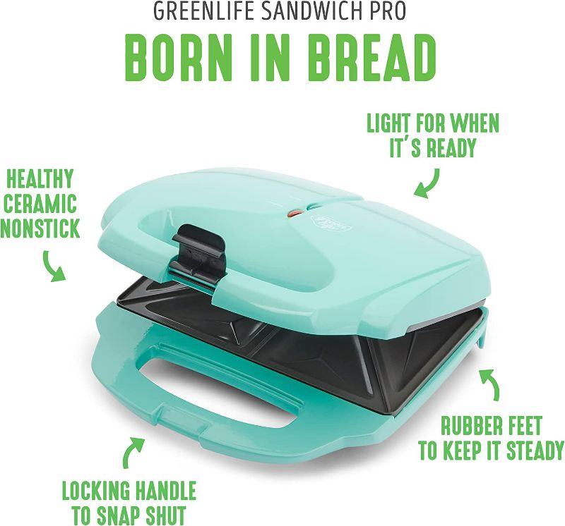 Photo 3 of GreenLife Pro Electric Panini Press Grill and Sandwich Maker, Healthy Ceramic Nonstick Plates, Easy Indicator Light, PFAS-Free, Turquoise NEW 