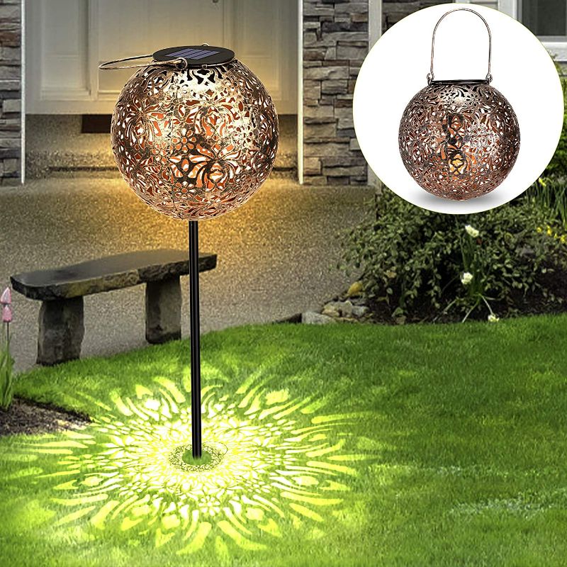 Photo 2 of Kinna Solar Outdoor Stake Lights & Hanging Lantern 2-in-1, 2 Pack Warm White Metal Pathway Lights & Solar Table Lights with Hooks Waterproof for Garden, Patio, Yard, Lawn Bronze Finished NEW 