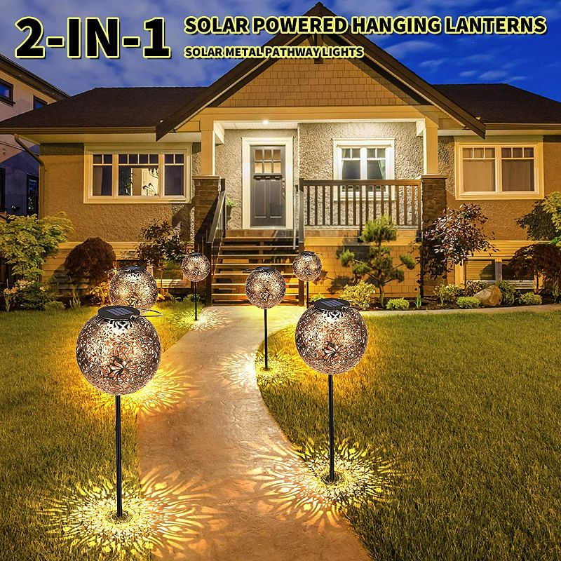 Photo 3 of Kinna Solar Outdoor Stake Lights & Hanging Lantern 2-in-1, 2 Pack Warm White Metal Pathway Lights & Solar Table Lights with Hooks Waterproof for Garden, Patio, Yard, Lawn Bronze Finished NEW 