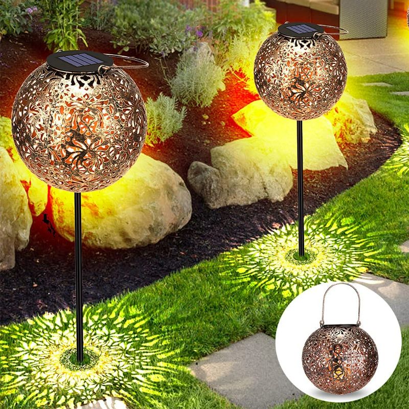 Photo 1 of Kinna Solar Outdoor Stake Lights & Hanging Lantern 2-in-1, 2 Pack Warm White Metal Pathway Lights & Solar Table Lights with Hooks Waterproof for Garden, Patio, Yard, Lawn Bronze Finished NEW 