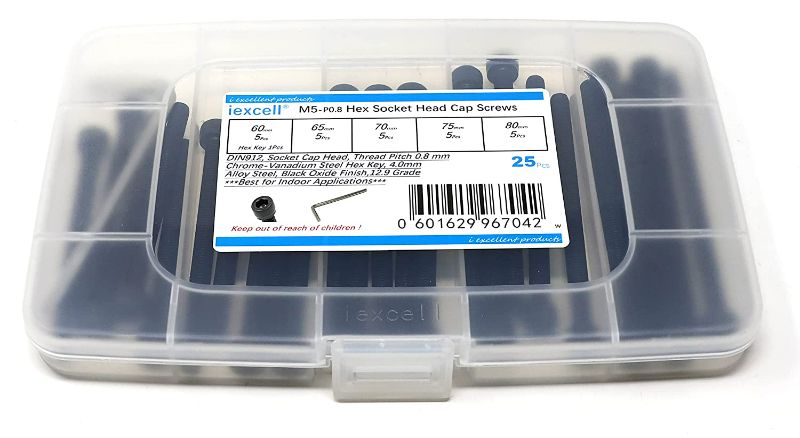 Photo 1 of iexcell 25 Pcs M5 x 60/65/70/75/80 Alloy Steel 12.9 Grade Hex Socket Head Cap Screws Bolts Assortment Kit, Black Oxide Finish NEW 