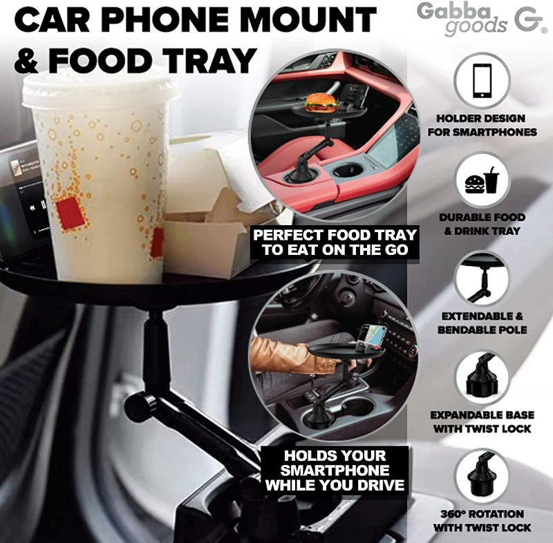 Photo 2 of Gabba Goods Cup Holder Tray for Car - Enjoy Your Food & Drink and Stay Organized, 8.26" Surface with Phone Holder 360°Adjustable Car Trays for Eating, Car Cup Holder NEW 