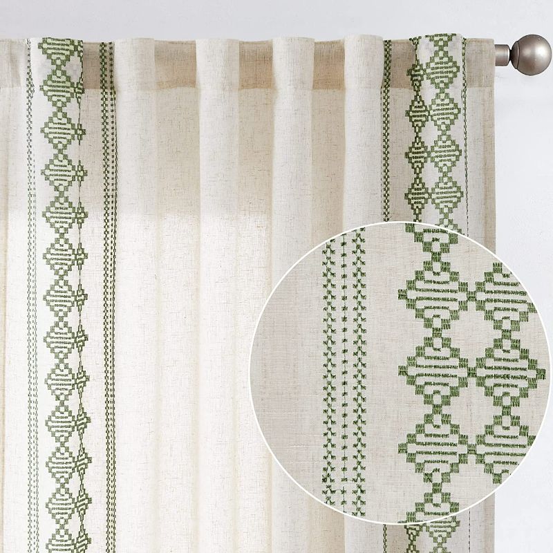 Photo 1 of jinchan Boho Curtains Linen Curtains Beige Farmhouse Curtains (unknown Length) for Living Room Sage Green Square Embroidered Bordered Back Tab Bedroom Window Light Filtering Bohemian Curtains 2 Panels NEW 