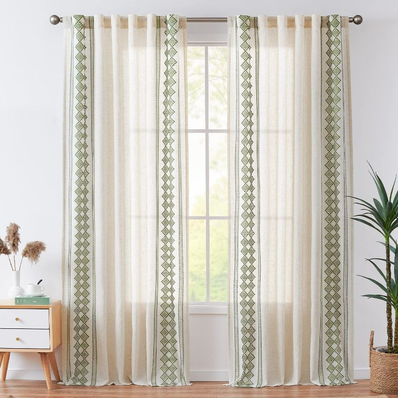 Photo 2 of jinchan Boho Curtains Linen Curtains Beige Farmhouse Curtains (unknown Length) for Living Room Sage Green Square Embroidered Bordered Back Tab Bedroom Window Light Filtering Bohemian Curtains 2 Panels NEW 