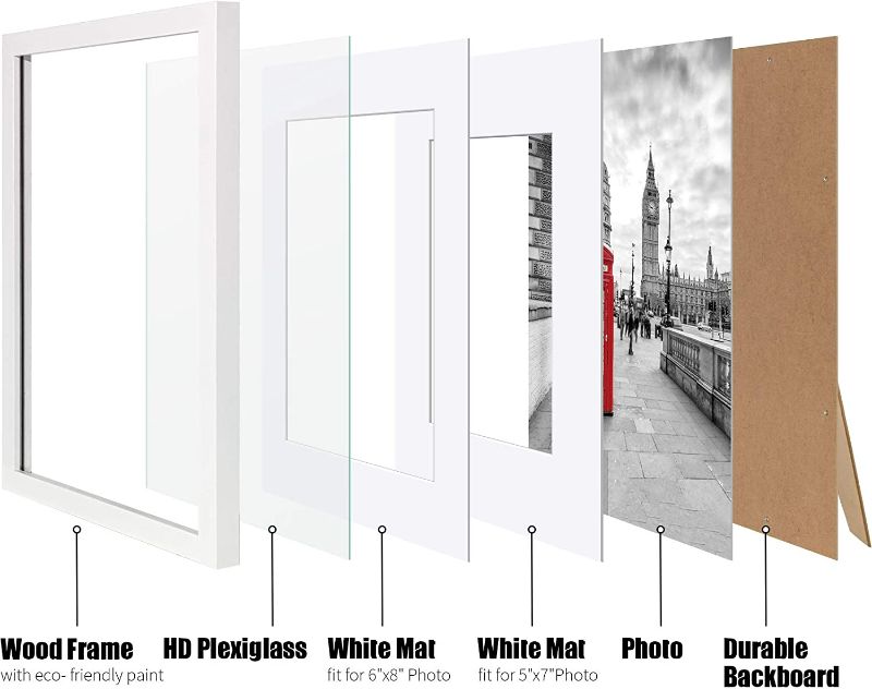 Photo 2 of 9x12 Picture Frames in White Display Pictures 6x8 or 5x7 with Mat or 9x12 without Mat - Wooden Photo Frame with 2 Mats Made of Solid Wood, Wall Mounting or Table Top Display 2-Pack NEW 