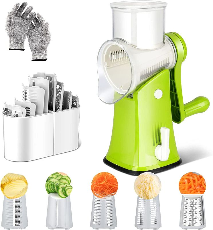 Photo 1 of Multi-functional Kitchen Mandoline Vegetables Slicer with 5 Interchangeable Blades, Manual Round Mandoline Slicer for Cheese, Nuts, Fruit, Carrot, Cucumber (White) NEW 