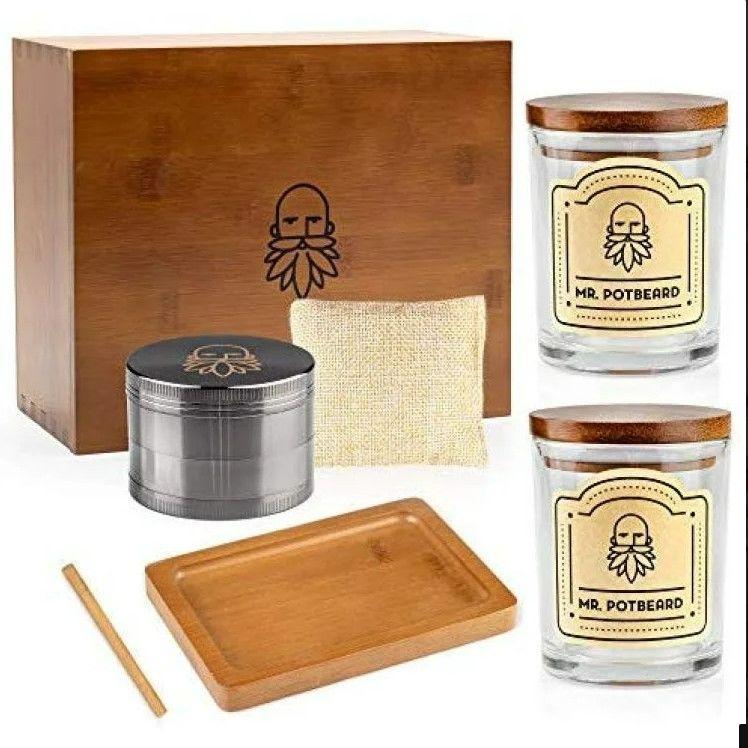 Photo 1 of MR. POTBEARD Stash Boxes Kit with Herb Grinder, Odor Absorber, Airtight Containers, Poking Tool and Rolling Tray - Bamboo Secret Boxes - Organizer and Accessories - Includes 2 x Smell Proof Jars