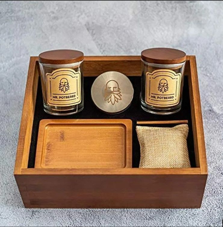 Photo 2 of MR. POTBEARD Stash Boxes Kit with Herb Grinder, Odor Absorber, Airtight Containers, Poking Tool and Rolling Tray - Bamboo Secret Boxes - Organizer and Accessories - Includes 2 x Smell Proof Jars