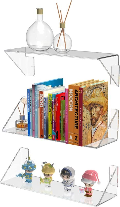 Photo 1 of MaxGear Acrylic Floating Shelves Wall Shelf, Clear Shelves, Invisible 5mm Thick Wall Mounted Shelves, Floating Bookshelf, Hanging Shelves for Bathroom, Bedroom, Living Room, Office, Kitchen Set of 3 NEW 