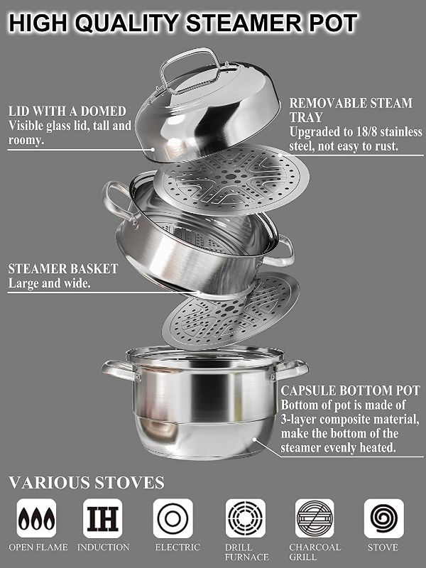 Photo 2 of VENTION Capsule Bottom Steamer for Cooking, 3 Tier Stainless Steel Steamer Pot, 12 7/10 Inch Steam Pot for Cooking, Large Induction Steamer Pot for Steaming Crab Legs, Shrimp and Lobster NEW 
