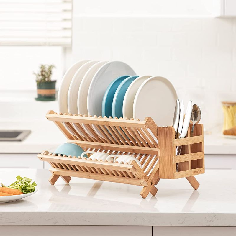 Photo 2 of HBlife Dish Rack,Bamboo Folding 2-Tier Collapsible Drainer Dish Drying Rack with Utensils Flatware Holder Set (Dish Rack with Utensil Holder) NEW 