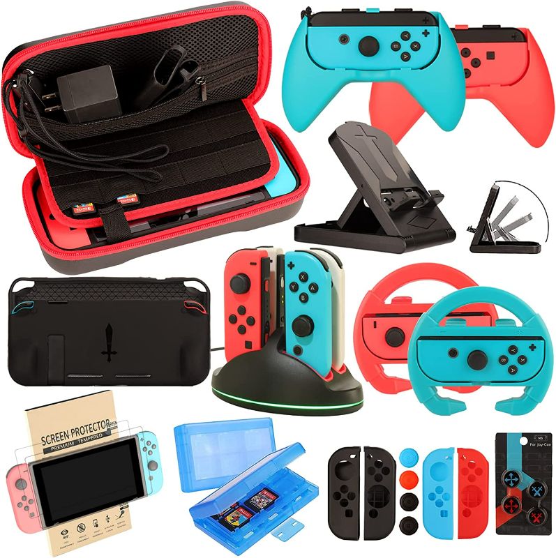 Photo 1 of EOVOLA Accessories Kit for Nintendo Switch / Switch OLED Model Games Bundle Wheel Grip Caps Carrying Case Screen Protector Controller