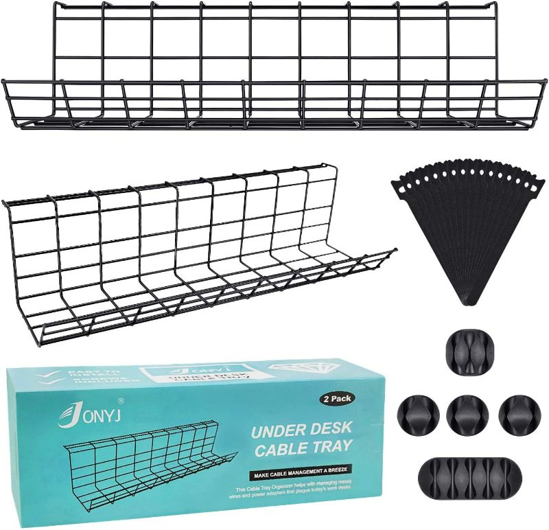 Photo 1 of Under Desk Cable Management Tray, Cable Organizer for Wire Management, Metal Wire Cable Tray for Office and Home, 2 Pack Standing Desk Tray with 15 Cable Ties and 5 Cable Clips, Black Cord Basket 17'' NEW 