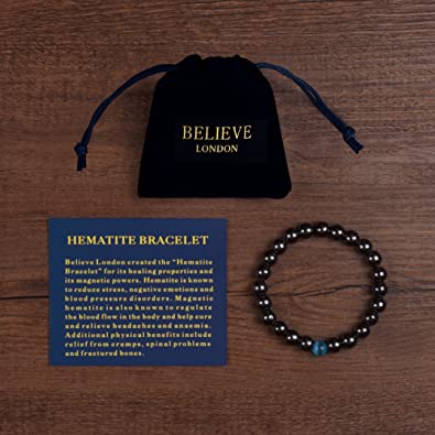 Photo 1 of Believe London Hematite Magnetic Therapy Bracelet with Jewelry Bag & Meaning Card | Strong Elastic | Precious Natural Stones Healing NEW W