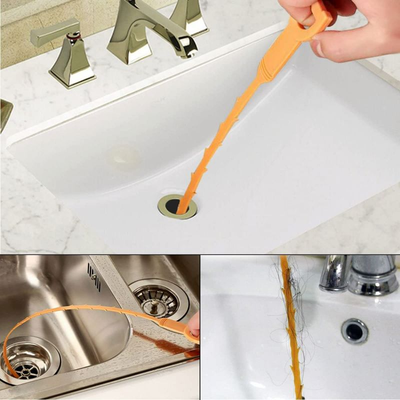 Photo 2 of Omont Drain Clog Remover Tool, 6 Pack Drain Hair Clog Remover Tool, Sink Drain Clog Remover, 24 Inch Drain Cleaner Tool for Sink, Tube Drain Cleaning (Orange) NEW 