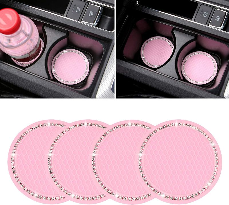 Photo 1 of 4 Pack Bling Car Coasters, 2.75 Inch Diamond Soft Rubber Pad Set Round Auto Cup Holder Insert Drink Coaster Car Interior Accessories NEW 