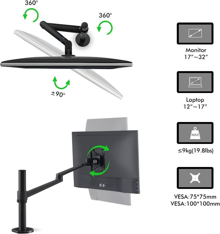 Photo 3 of Viozon Laptop/Notebook/Projector Mount Stand, Height Adjustable Single Arm Mount Support 12-17 inch Laptop/Notebook/Tablet, Free Removable VESA 75X75 and 100X100 for Monitor 17-32 inch. NEW 