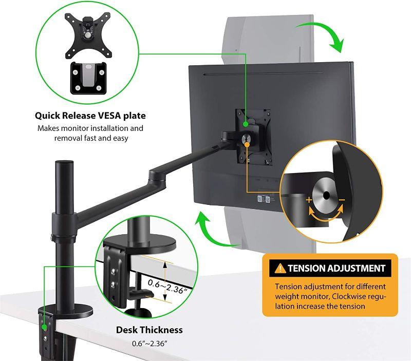 Photo 4 of Viozon Laptop/Notebook/Projector Mount Stand, Height Adjustable Single Arm Mount Support 12-17 inch Laptop/Notebook/Tablet, Free Removable VESA 75X75 and 100X100 for Monitor 17-32 inch. NEW 