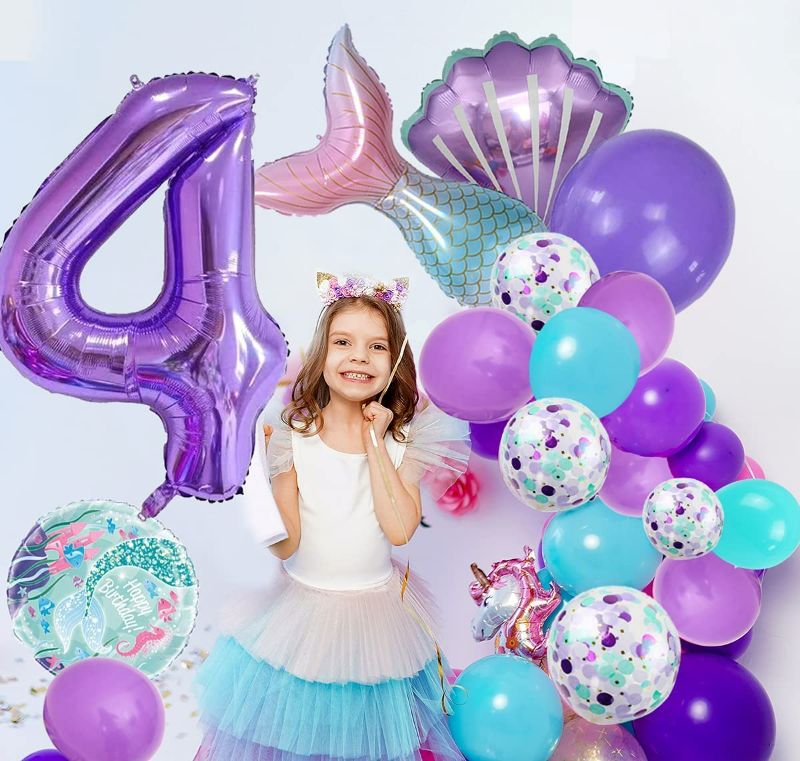 Photo 2 of Mermaid Birthday Decoration-Mermaid 4th Balloon Garland Kit Include Mermaid Tail Shell Foil Latex Balloons for Girls’ Mermaid Party NEW 