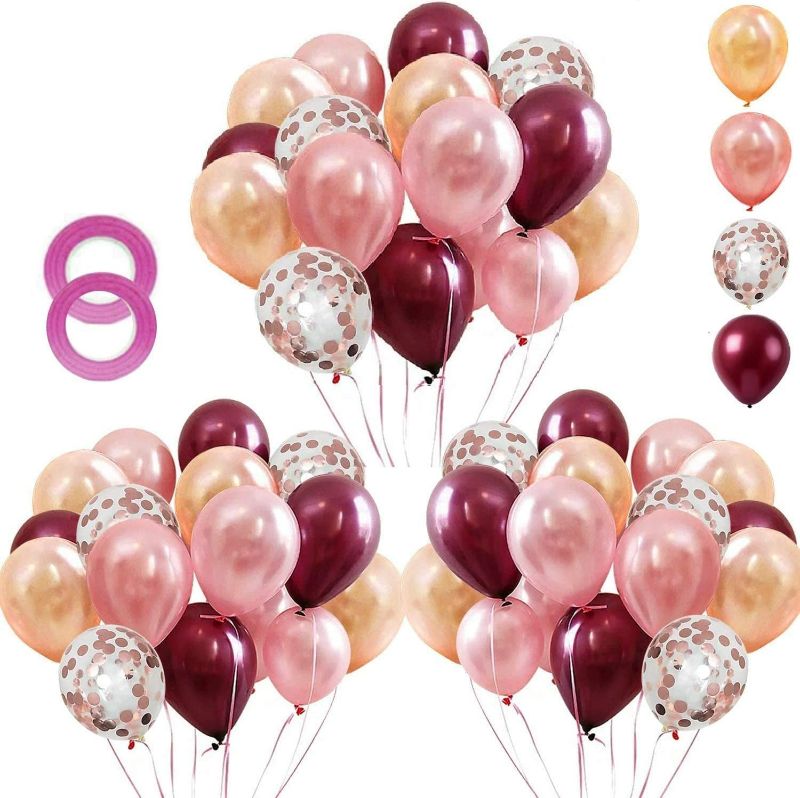 Photo 1 of 62 Pieces Rose Gold Burgundy Confetti Balloons Kit, 12 Inch Rose Gold Confetti Burgundy Rose Gold Latex Balloons with Balloon Ribbon for Wedding Birthday Girl Party Background Decorations NEW 