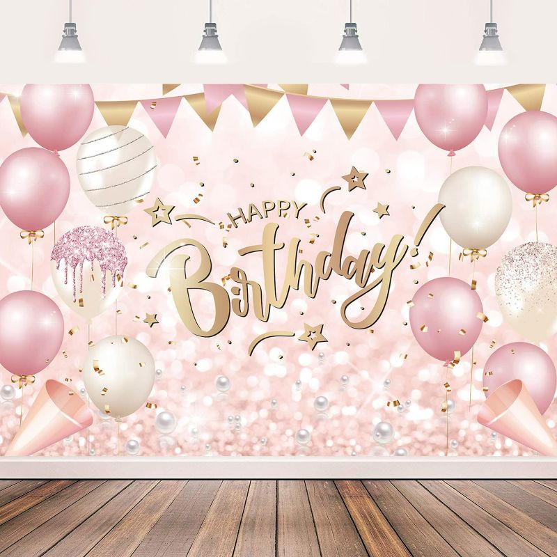 Photo 1 of Pink and Rose Gold Happy Birthday Party Decorations Birthday Backdrop for Women Girls Pink Happy Birthday Banner Sign Photography Background Party Supplies Photo Booth NEW 