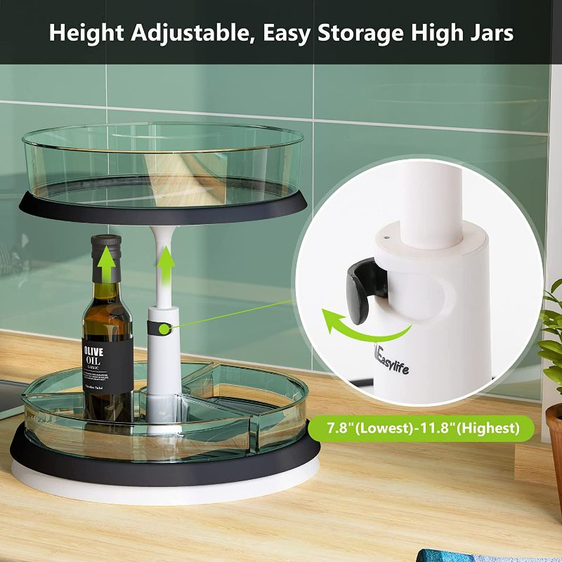 Photo 2 of 2-Tier Lazy Susan Turntable and Height Adjustable Cabinet Organizer with 1x Large Bin and 3 x Divided Bins, Removable, Clear Spice Rack Organizer for Cabinet, Pantry, Kitchen (2 Tier w/Bins) NEW 