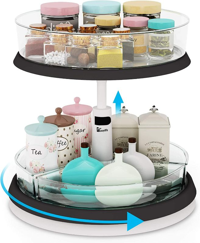 Photo 3 of 2-Tier Lazy Susan Turntable and Height Adjustable Cabinet Organizer with 1x Large Bin and 3 x Divided Bins, Removable, Clear Spice Rack Organizer for Cabinet, Pantry, Kitchen (2 Tier w/Bins) NEW 