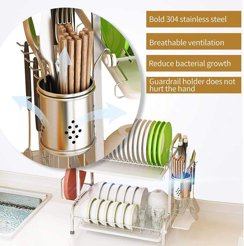 Photo 2 of Apstour Dish Drying Rack 2 Tier Dish Rack Stainless Steel with Utensil Knife Holder and Cutting Board Holder Dish Drainer & Removable Drain Board for Kitchen Counter Organizer NEW 