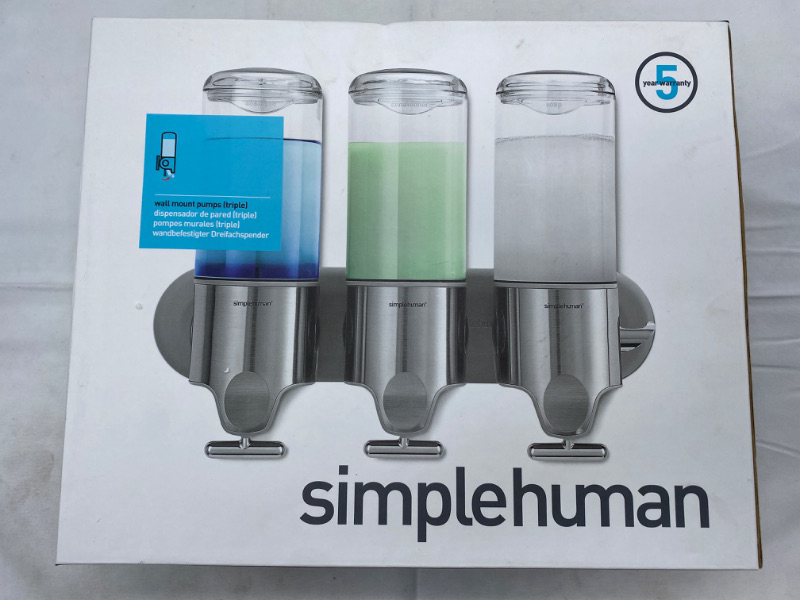 Photo 4 of simplehuman Triple Wall Mount Shower Pump, 3 x 15 fl. oz. Shampoo and Soap Dispensers, Stainless Steel NEW 