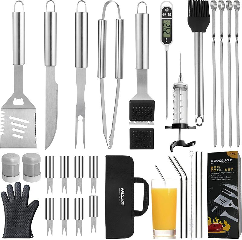 Photo 1 of grilljoy 30PCS BBQ Grill Tools Set with Thermometer and Meat Injector. Extra Thick Stainless Steel Fork, Spatula& Tongs - Complete Grilling Accessories in Portable Bag - Perfect Grill Gifts for Men NEW 