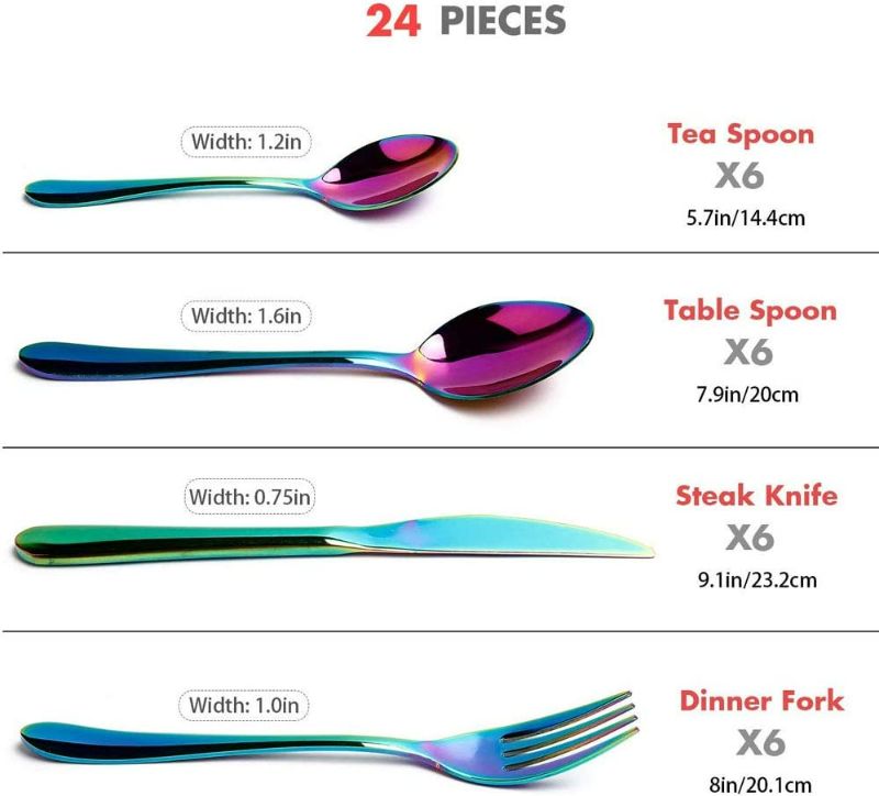 Photo 3 of Rainbow Silverware Set , HOBO 24-Piece Stainless Steel Multicolor Flatware Set Service for 6, Colored Iridescent Tableware Cutlery Set with Titanium Colorful Plated and High-grade Wooden Box NEW 