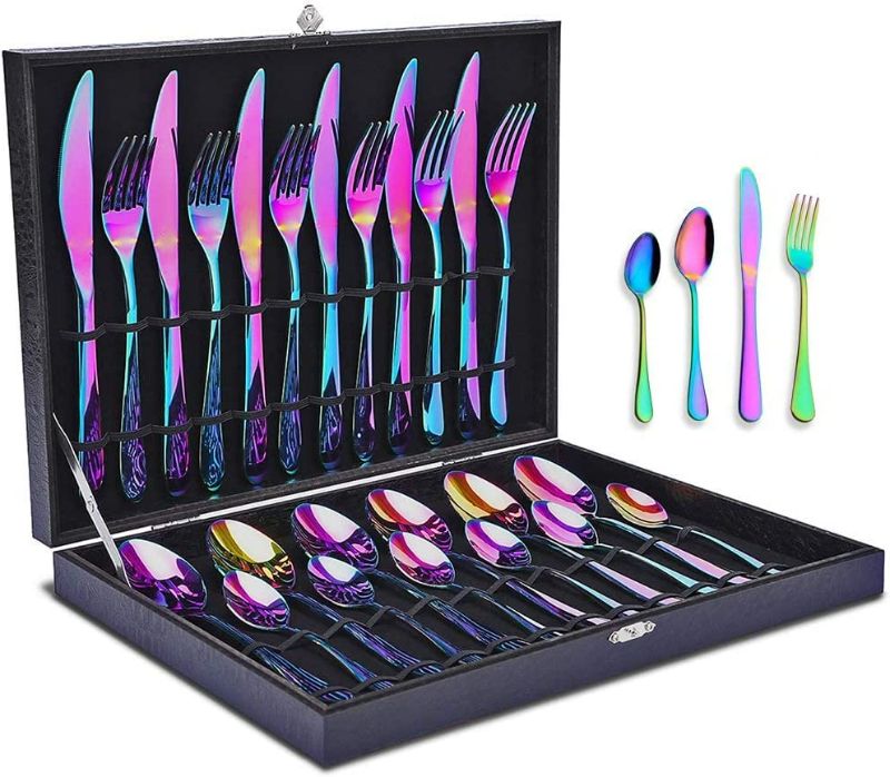 Photo 1 of Rainbow Silverware Set , HOBO 24-Piece Stainless Steel Multicolor Flatware Set Service for 6, Colored Iridescent Tableware Cutlery Set with Titanium Colorful Plated and High-grade Wooden Box NEW 