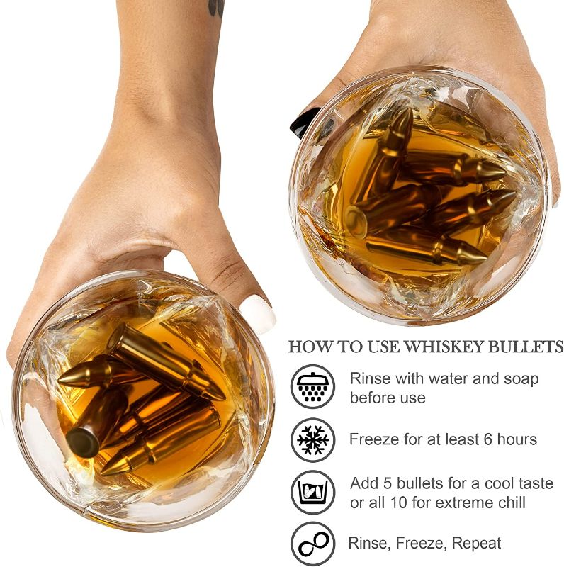 Photo 3 of Whiskey Bullet Shaped Stones Gift Set for Men - 10 Bullets Chilling Stainless-Steel Whiskey Rocks - 11oz 2 Large Twisted Whiskey Glasses, Slate Coasters, Tongs - Premium Set in Pine Wood Box NEW 