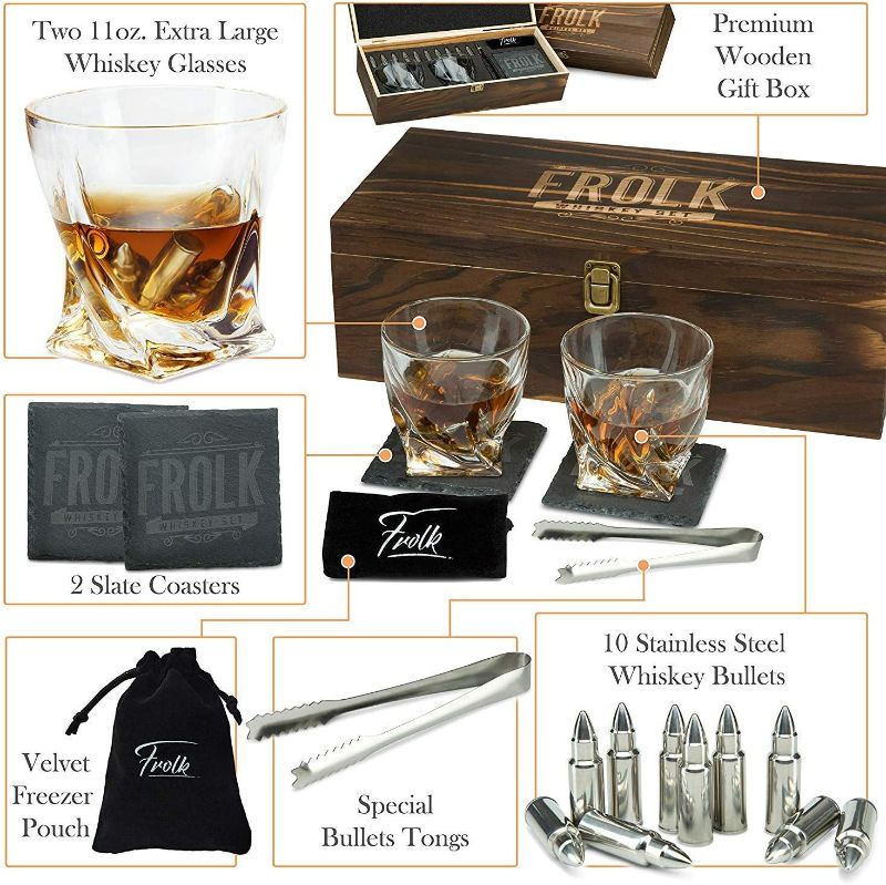 Photo 2 of Whiskey Bullet Shaped Stones Gift Set for Men - 10 Bullets Chilling Stainless-Steel Whiskey Rocks - 11oz 2 Large Twisted Whiskey Glasses, Slate Coasters, Tongs - Premium Set in Pine Wood Box NEW 