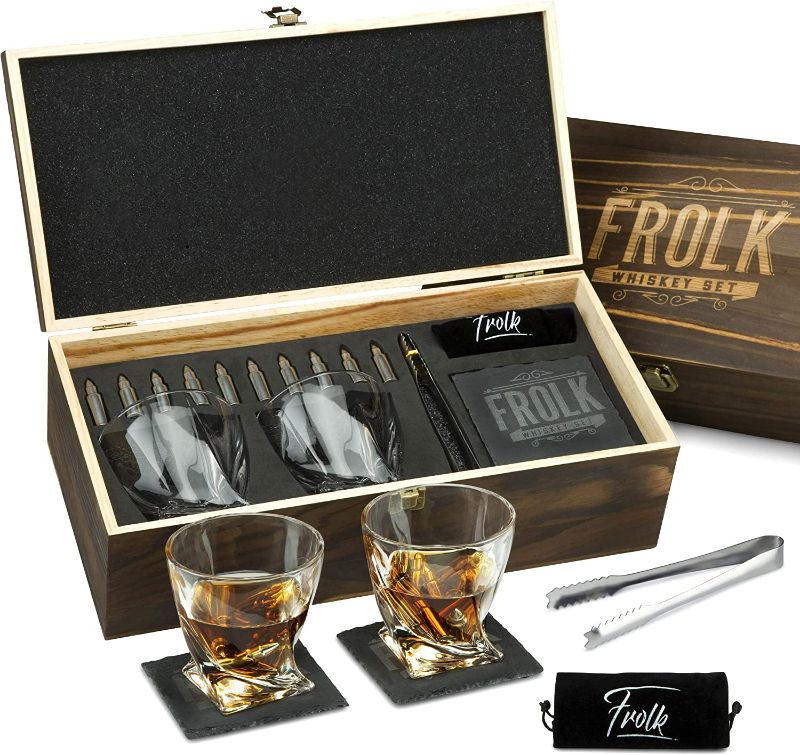 Photo 1 of Whiskey Bullet Shaped Stones Gift Set for Men - 10 Bullets Chilling Stainless-Steel Whiskey Rocks - 11oz 2 Large Twisted Whiskey Glasses, Slate Coasters, Tongs - Premium Set in Pine Wood Box NEW 