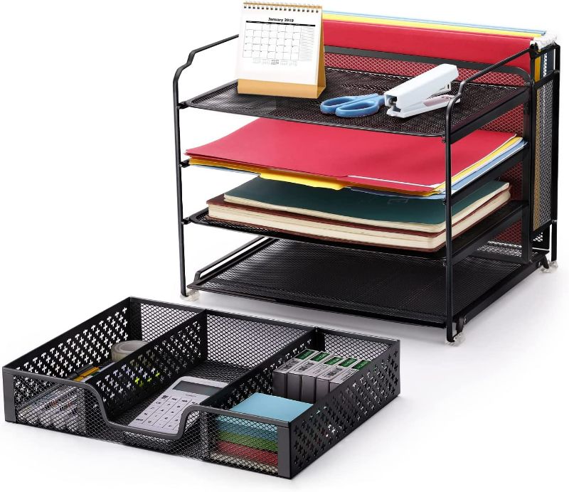 Photo 2 of Simple Trending 4-Trays Mesh Office Supplies Desk Organizer, Desktop Hanging File Holder with Drawer Organizer and Vertical Upright Section for Office Home, Black NEW 