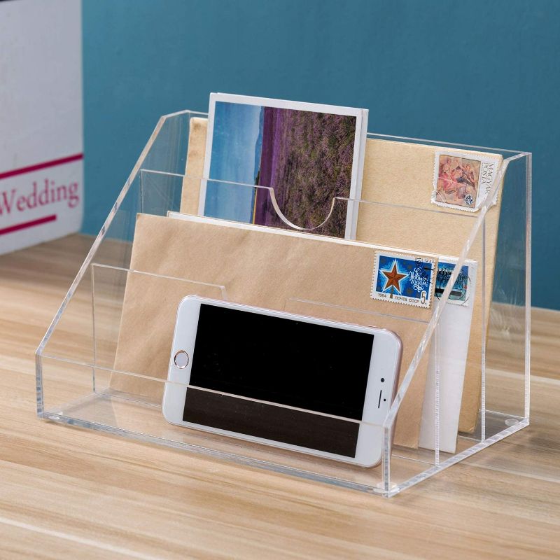 Photo 1 of MyGift Clear Acrylic Mail Organizer for Desk, Tabletop Mail Holder, Letter Sorter with 3 Slots NEW 