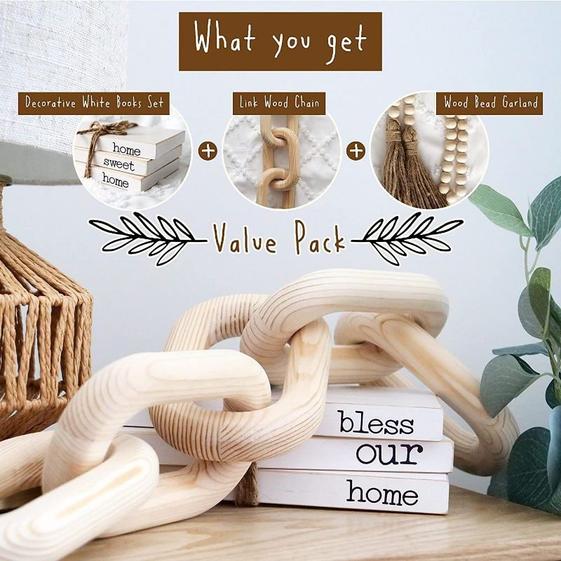 Photo 2 of Modern - Boho Home Decor Set, Farmhouse Wood Bead Garland 58inch, 5 Link Wood Chain, White Rustic Wood Stack of 3 Faux Books with Home Sweet Home, Bless Our Home, Decorative Living Room, Bookshelf (White) NEW 