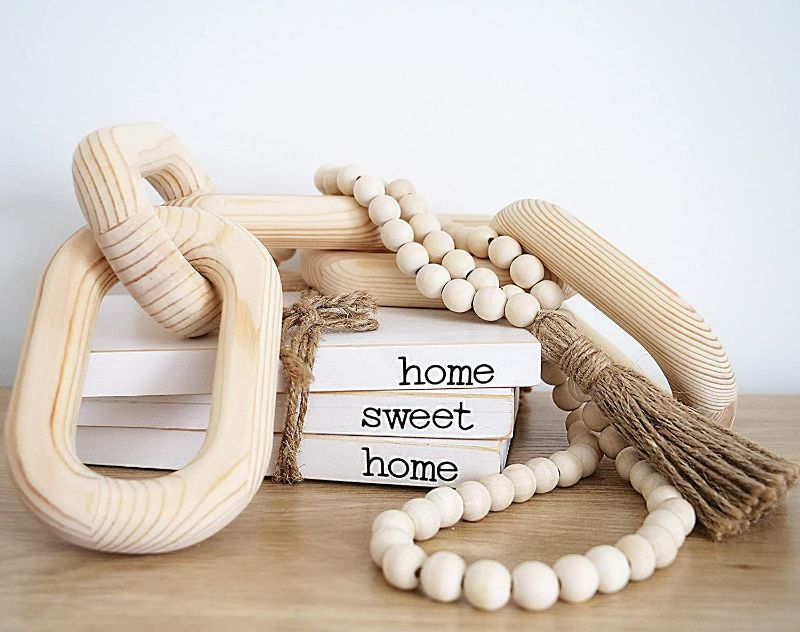 Photo 1 of Modern - Boho Home Decor Set, Farmhouse Wood Bead Garland 58inch, 5 Link Wood Chain, White Rustic Wood Stack of 3 Faux Books with Home Sweet Home, Bless Our Home, Decorative Living Room, Bookshelf (White) NEW 