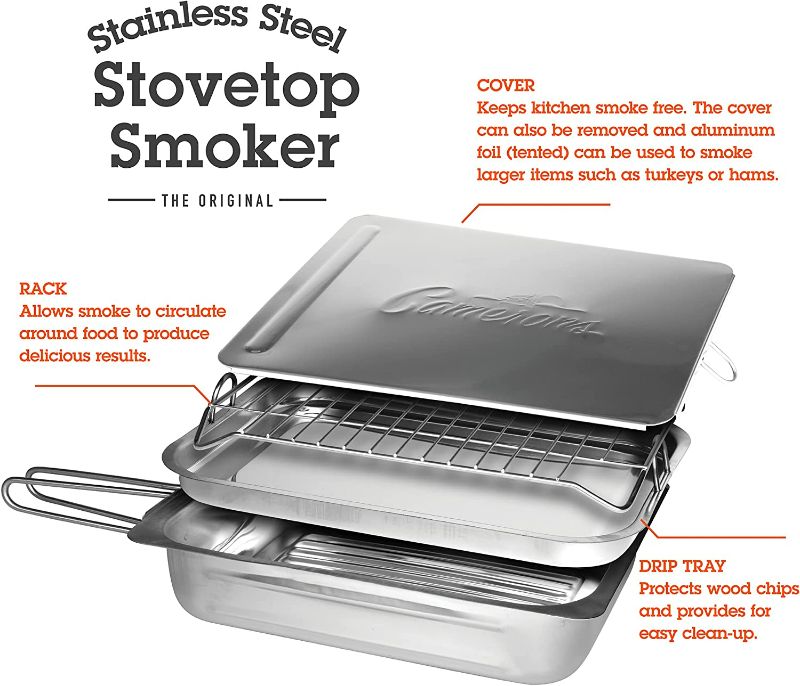 Photo 1 of Camerons Large Stovetop Smoker w Wood Chips and Recipes - 11" x 15" x 3.5" Stainless Steel Smoker NEW 