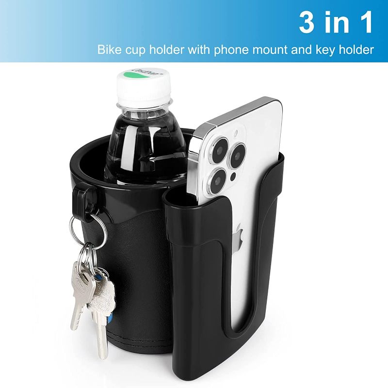 Photo 4 of Cup Holder with Cell Phone Keys Holder, Bike Water Bottle Holders, Universal Bar Drink Cup Can Holder for Bicycles, Motorcycles, Scooters, Black NEW 