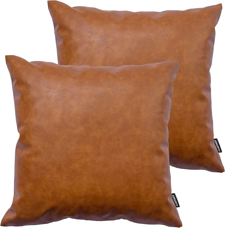 Photo 1 of HOMFINER Faux Leather Throw Pillow Covers, 20 x 20 inch Set of 2 Thick Cognac Brown Modern Solid Decorative Square Bedroom Living Room Cushion Cases for Couch Bed Sofa NEW 