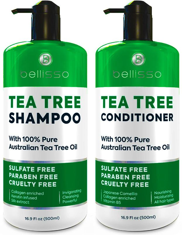 Photo 1 of Tea Tree Shampoo and Conditioner Set - Anti Dandruff Sulfate and Paraben Free Itchy and Dry Scalp Oil Treatment with Keratin, Vitamin B5, Collagen, Men and Women, 2 x 16.9 Fl Oz NEW 