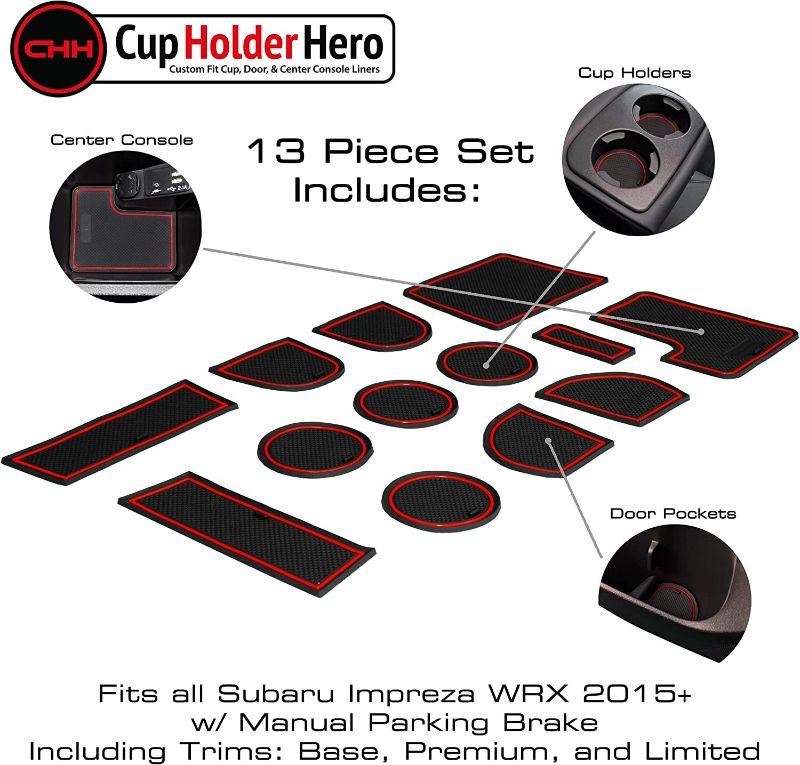 Photo 1 of CupHolderHero fits Subaru WRX Accessories 2015-2021 Interior Non-Slip Anti Dust Cup Holder Inserts, Center Console Liner Mats, Door Pocket Liners (Manual Parking Brake) (Red Trim)