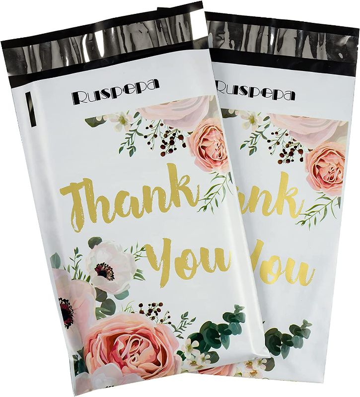 Photo 1 of RUSPEPA 6x9 inches Poly Mailers Shipping Bags Thank You Notes Flowers Surrounded White Poly Mailers 2.3 Mil Heavy Duty Self Seal Mailing Envelopes - NEW 