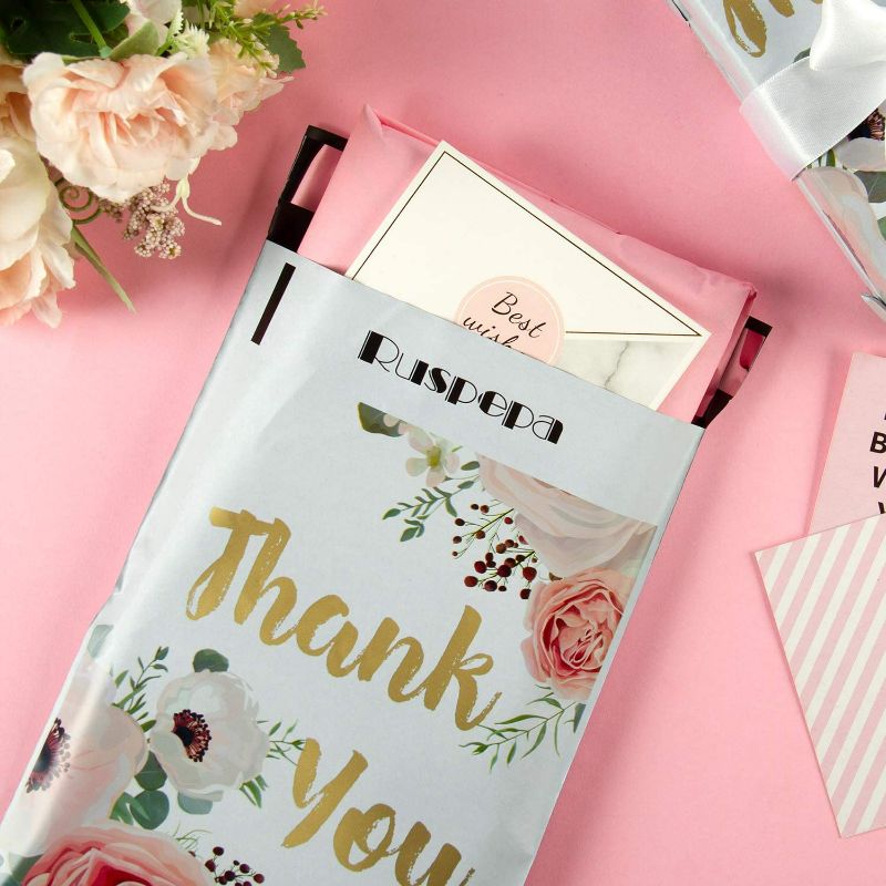Photo 2 of RUSPEPA 6x9 inches Poly Mailers Shipping Bags Thank You Notes Flowers Surrounded White Poly Mailers 2.3 Mil Heavy Duty Self Seal Mailing Envelopes - NEW 