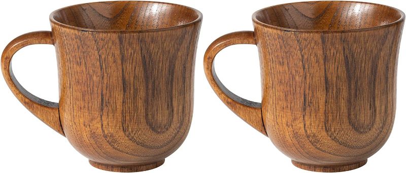 Photo 1 of 2 Pieces Wooden Tea Cup Jujube-Wood Coffee Mug Desk Cup With Handle Natural Solid Wood Mug Handmade Drinkware Cup for Drinking Tea Coffee Wine Beer Hot Drinks Decoration NEW 