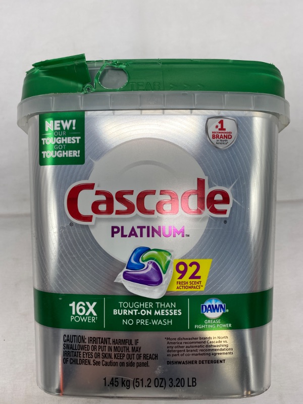Photo 1 of Cascade Platinum Dishwasher Detergent, 16x Strength With Dawn Grease Fighting Power, Fresh Scent (92 Count)