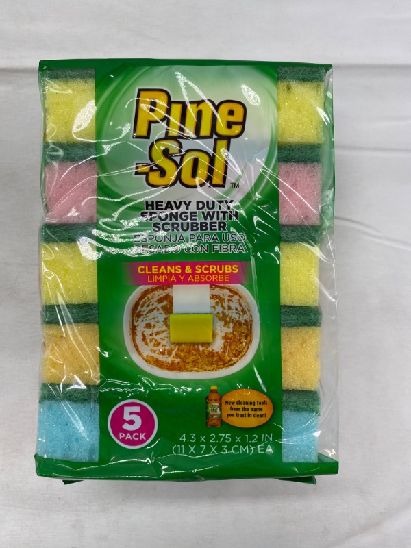 Photo 3 of Pine-Sol Heavy Duty Sponge with Scrubber – Pack of 5, Dual-Sided | Easily Cleans and Scrubs Stuck-On Grime, Oil, Grease and Burnt on Food, 5 Pack, Assorted NEW 