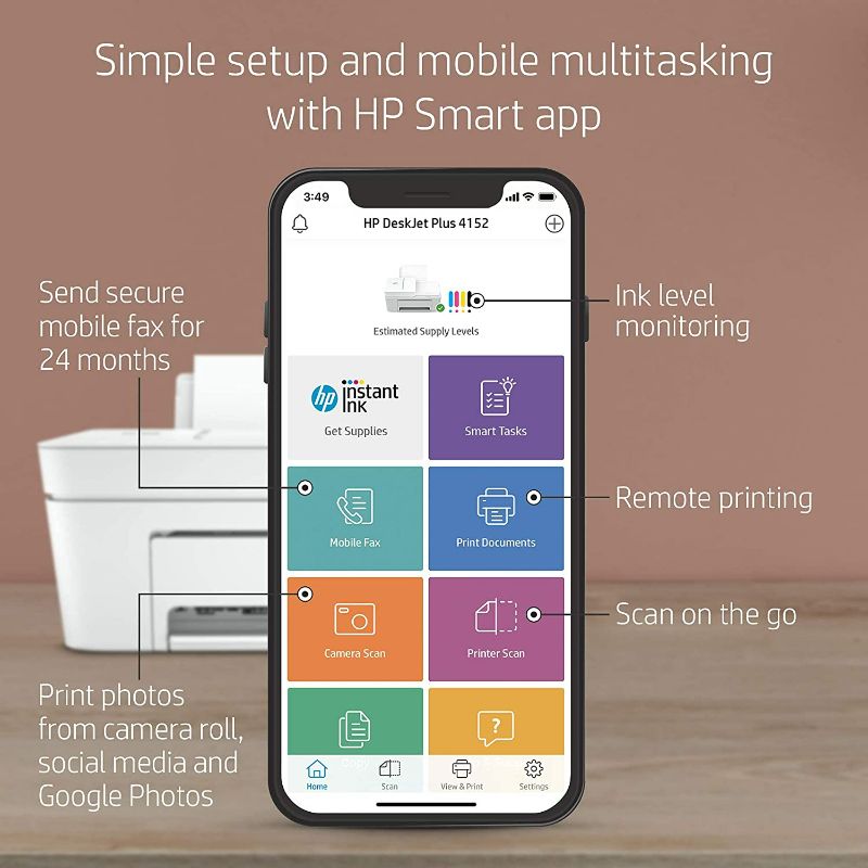 Photo 3 of HP DeskJet Plus 4152 Wireless All-in-One Color Inkjet Printer, Mobile Print, Scan & Copy, Instant Ink Ready,7FS74A (Renewed) Refurbished Printer,  